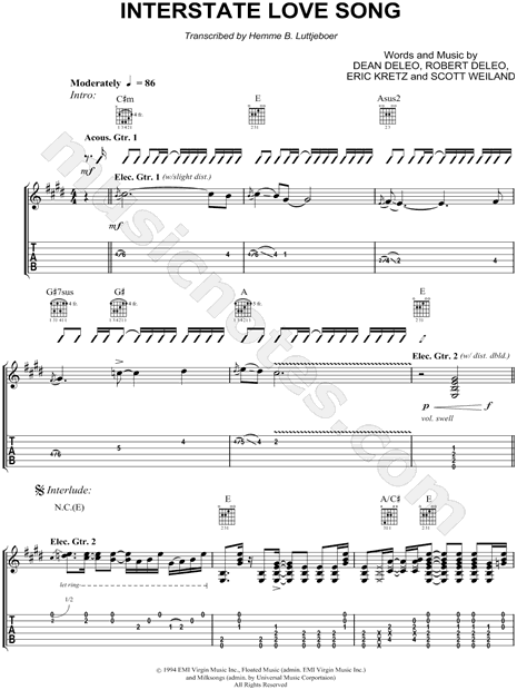 Stone Temple Pilots Interstate Love Song Guitar Tab In E Major Download Print Sku Mn