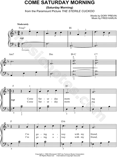 The Sandpipers "Come Saturday Morning" Sheet Music (Easy Piano) in F Major (transposable ...