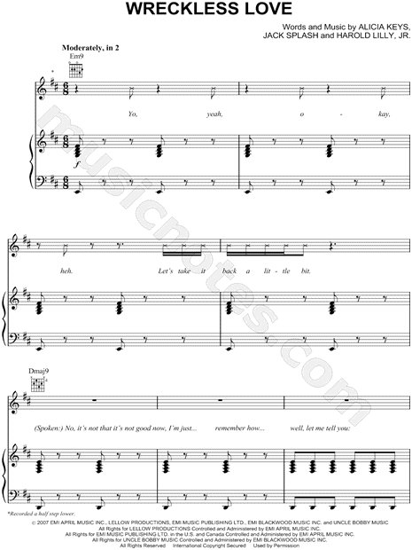 Alicia Keys "Wreckless Love" Sheet Music in D Major - Download & Print - SKU: MN0066653