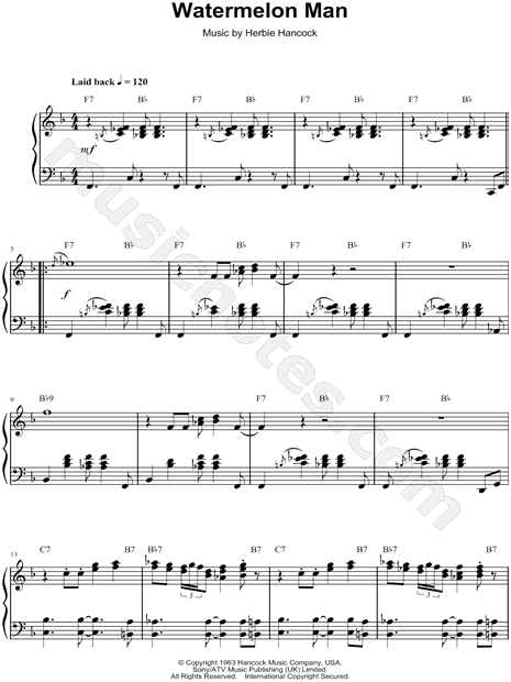 Herbie Hancock Watermelon Man Sheet Music Piano Solo In F Major Transposable Download Print Sku Mn0066817