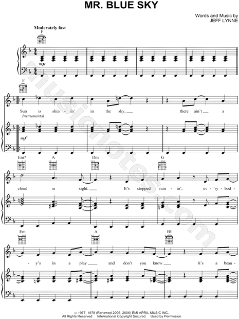 Ru Køb at tilføje Electric Light Orchestra "Mr. Blue Sky" Sheet Music in F Major  (transposable) - Download & Print - SKU: MN0067090