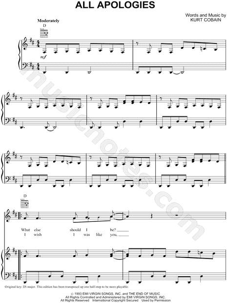 Nirvana All Apologies Sheet Music In D Major Download Print Sku Mn