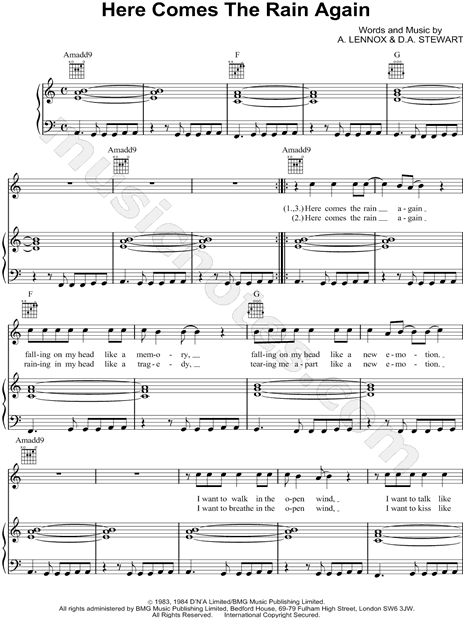 Print and download Here Comes the Rain Again sheet music by Eurythmics. 