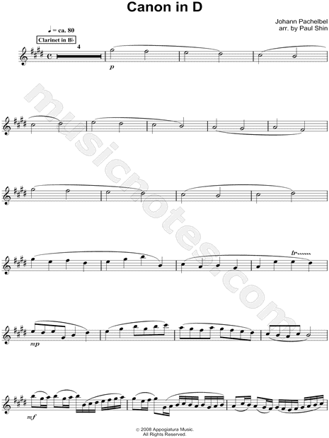 Johann Pachelbel "Canon in D - Clarinet" Sheet Music in E ...