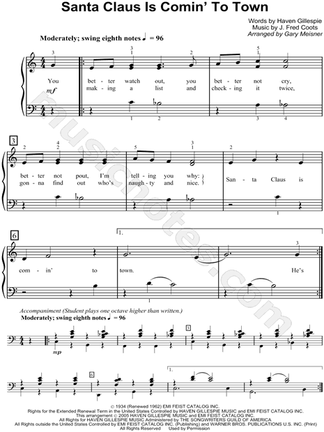 Santa Claus Is Comin To Town From Glee Sheet Music Easy