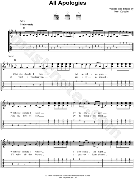 Nirvana All Apologies Guitar Tab In D Major Download Print Sku Mn0069599