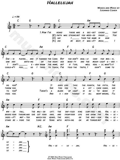 Leonard Cohen Hallelujah Sheet Music Leadsheet In C Major Transposable Download Print Sku Mn