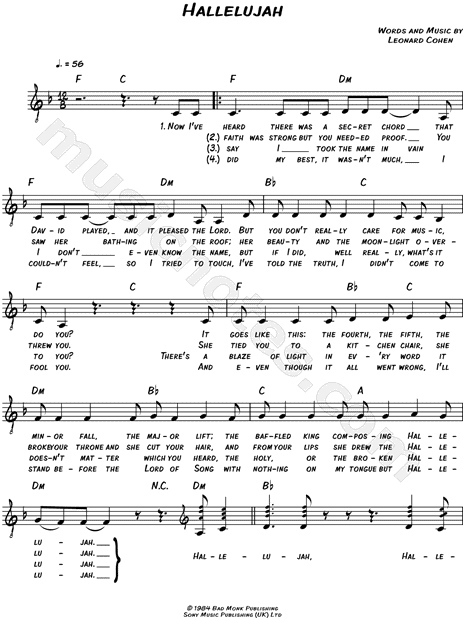 Leonard Cohen "Hallelujah" Sheet Music (Leadsheet) in F Major