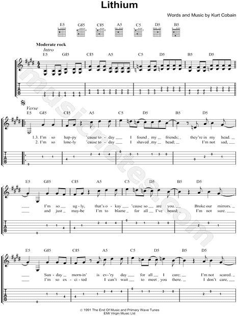 Print and download Nirvana Lithium Easy Guitar TAB. 