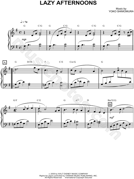 vecino Artículos de primera necesidad sensibilidad Lazy Afternoons" from 'Kingdom Hearts II' Sheet Music (Piano Solo) in G  Major - Download & Print - SKU: MN0070397
