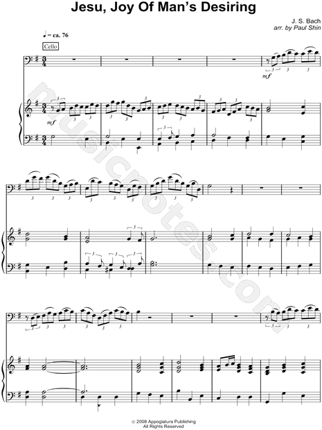 Johann Sebastian Bach Jesu Joy Of Man S Desiring Piano Accompaniment Cello Sheet Music In G Major Download Print Sku Mn0070433
