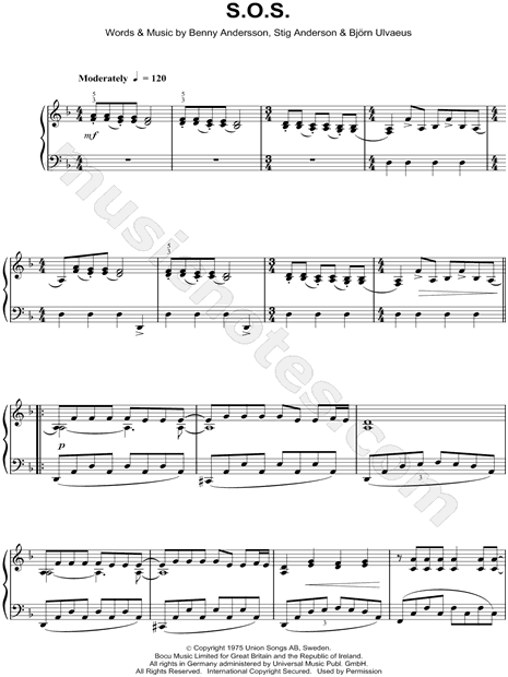 Abba S O S Sheet Music Piano Solo In F Major Transposable Download Print Sku Mn0071003 Chords ratings, diagrams and lyrics. usd