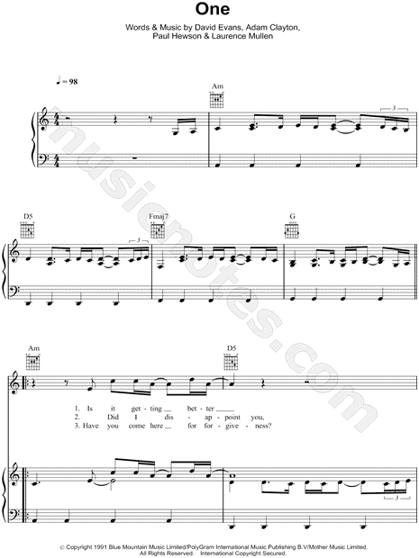 no usado maldición Emociónate U2 "One" Sheet Music in A Minor (transposable) - Download & Print - SKU:  MN0072657