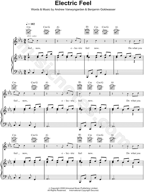 MGMT "Electric Feel" Sheet Music in C Minor (transposable ...