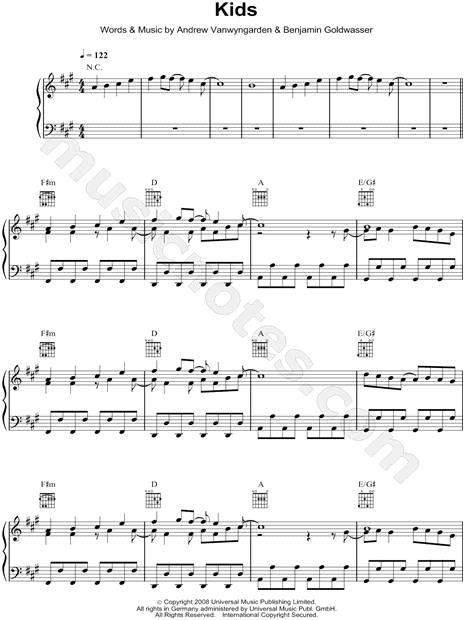MGMT "Kids" Sheet Music in F# Minor (transposable ...