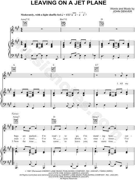 Denver "Leaving on a Jet Plane" Sheet Music in A Major - Download & - SKU: MN0073130