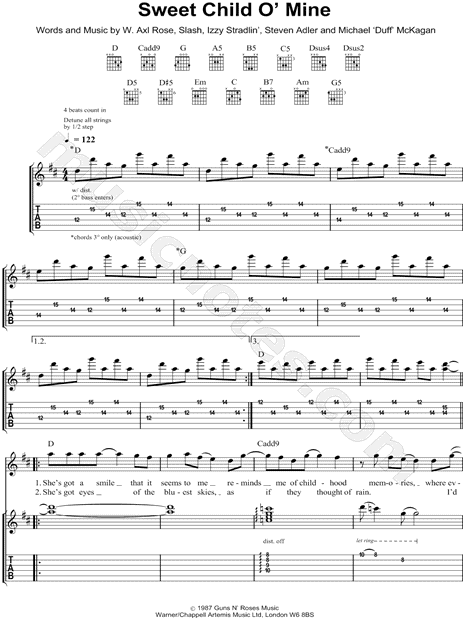 Guns N' Roses "Sweet Child o' Mine" Guitar Tab in D Major ...