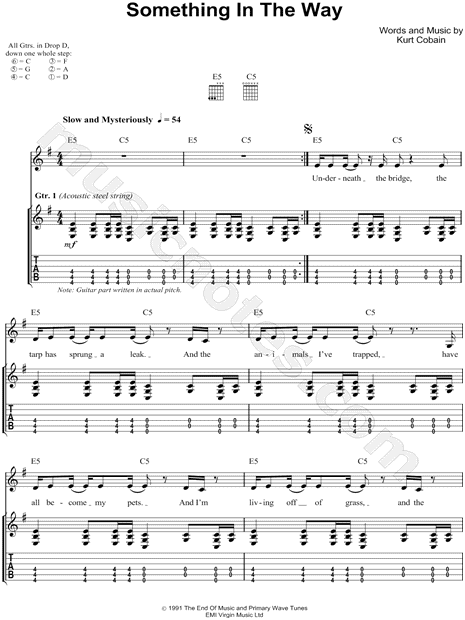 Print and download Nirvana Something In the Way Guitar TAB. 