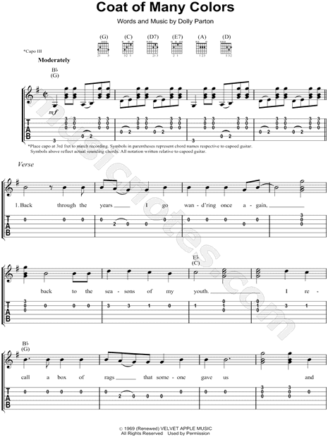 undtagelse Descent Glad Dolly Parton "Coat of Many Colors" Guitar Tab in G Major - Download & Print  - SKU: MN0074057