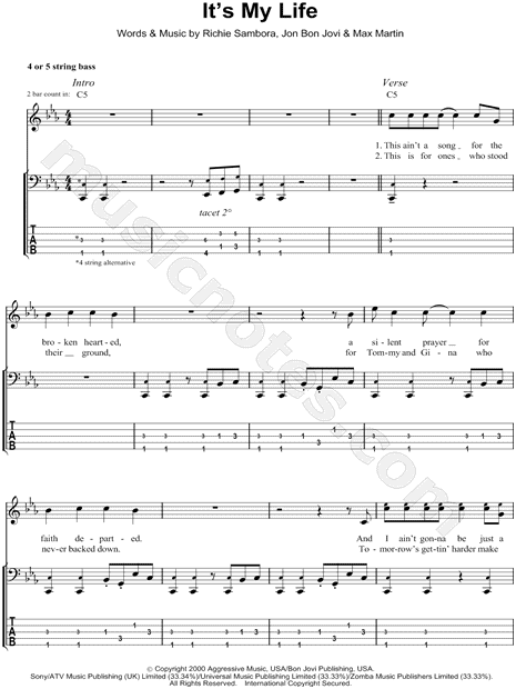 Bon Jovi It S My Life Bass Tab In C Minor Download Print Sku Mn