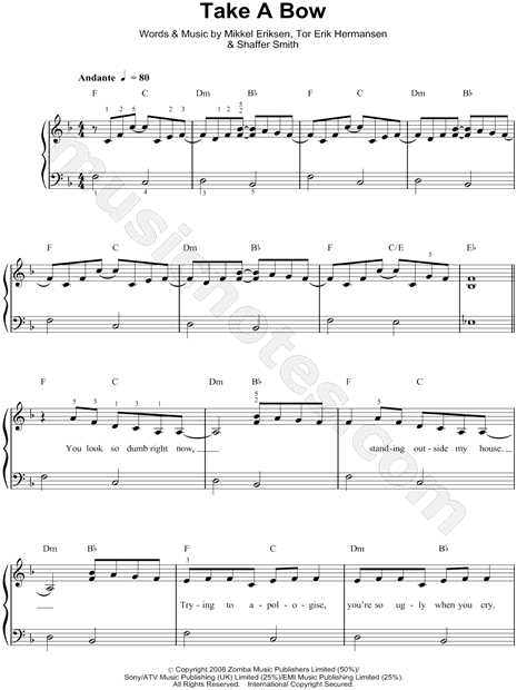 Rihanna "Take a Bow" Sheet Music (Easy Piano) in F Major ...