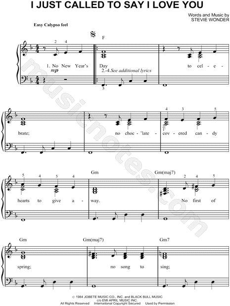 Stevie Wonder I Just Called To Say I Love You Sheet Music Easy Piano In F Major Transposable Download Print Sku Mn