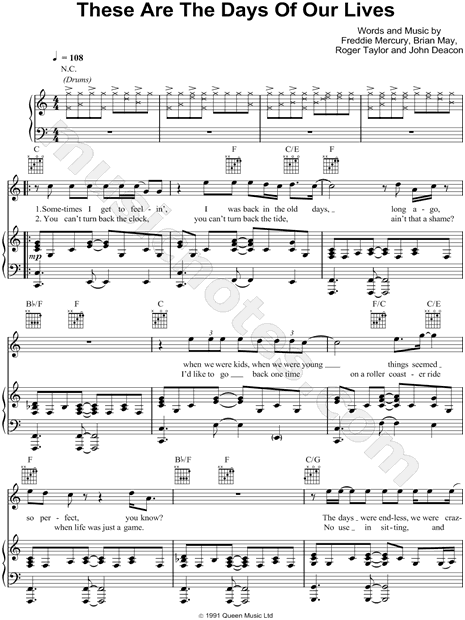 Queen These Are The Days Of Our Lives Sheet Music In C Major Download Print Sku Mn