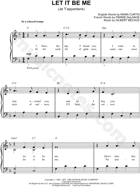 Indomable Registrarse extraño The Everly Brothers "Let It Be Me" Sheet Music (Easy Piano) in F Major  (transposable) - Download & Print - SKU: MN0075995