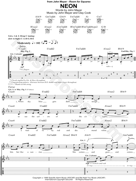 Print and download John Mayer Neon Guitar TAB Transcription. 