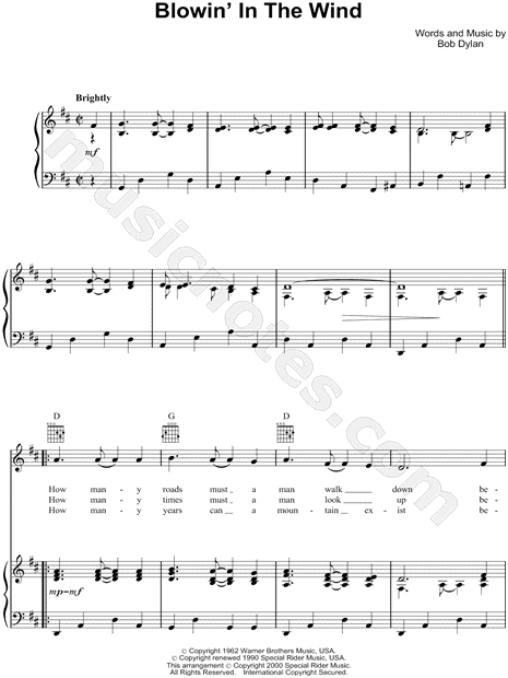 Bob Dylan Blowin In The Wind Sheet Music In D Major Transposable Download Print Sku Mn