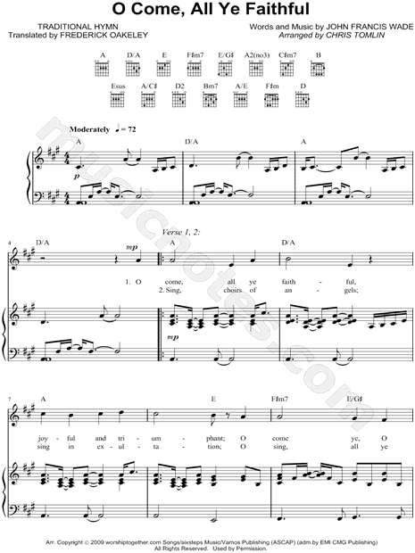 Chris Tomlin O Come All Ye Faithful Sheet Music In A Major Transposable Download Print Sku Mn0078081