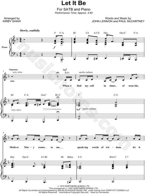 The Beatles "Let It Be" SATB Choir + Piano Choral Sheet ...