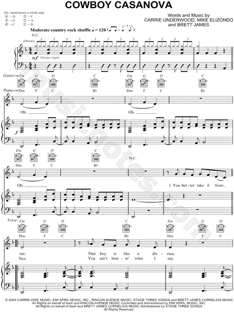 Carrie Underwood Cowboy Casanova Sheet Music In D Minor Transposable Download Print Sku Mn0078280