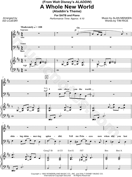 "A Whole New World (Aladdin's Theme)" from 'Aladdin' SATB ...