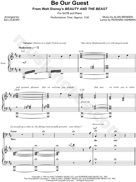 Be Our Guest From Beauty And The Beast Arr Ed Lojeski Satb Choir Piano Choral Sheet Music In D Major Download Print Sku Mn