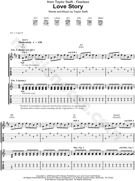 Print and download Taylor Swift Love Story Guitar TAB Transcription. 