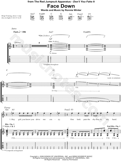 Streng alcohol Universiteit The Red Jumpsuit Apparatus "Face Down" Guitar Tab in A Minor - Download &  Print - SKU: MN0081253