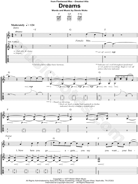 Fleetwood Mac "Dreams" Guitar Tab in C Major - & Print - SKU: MN0081485