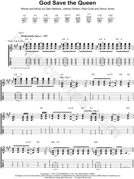 Print and download Sex Pistols God Save the Queen Guitar TAB Transcription....