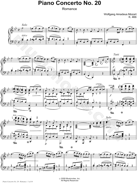 Wolfgang Amadeus Mozart Piano Concerto No In D Minor K 466 Ii Romance Sheet Music Piano Solo In Major Download Print Sku Mn