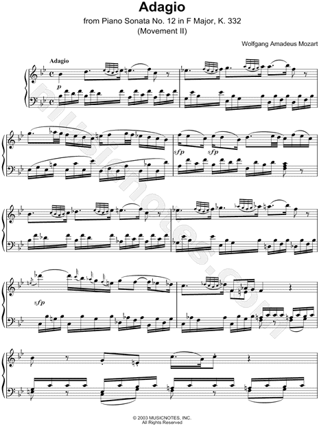 alabanza Negligencia médica Consejos Wolfgang Amadeus Mozart "Piano Sonata No. 12 in F Major. K. 332: II.  Adagio" Sheet Music (Piano Solo) in Bb Major - Download & Print - SKU:  MN0082167