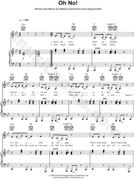 Print and download Oh No! sheet music by Marina and The Diamonds. 