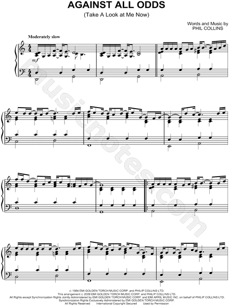 Phil Collins Against All Odds Take A Look At Me Now Sheet Music Piano Solo In C Major Download Print Sku Mn