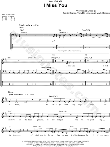 blink-182 "I Miss You" Bass Tab in D Major - Download & Print - SKU