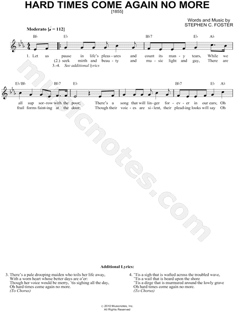 Stephen C Foster Hard Times Come Again No More Sheet Music Leadsheet In Eb Major Transposable Download Print Sku Mn