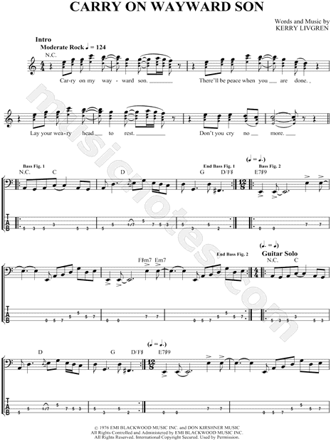 Kansas Carry On Wayward Son Bass Tab In C Major Download Print Sku Mn