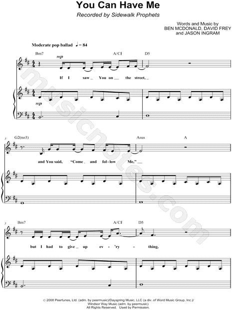 Sidewalk Prophets "You Can Have Me" Sheet Music in D Major