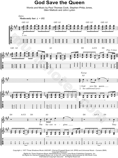 Print and download Sex Pistols God Save the Queen Guitar TAB. 