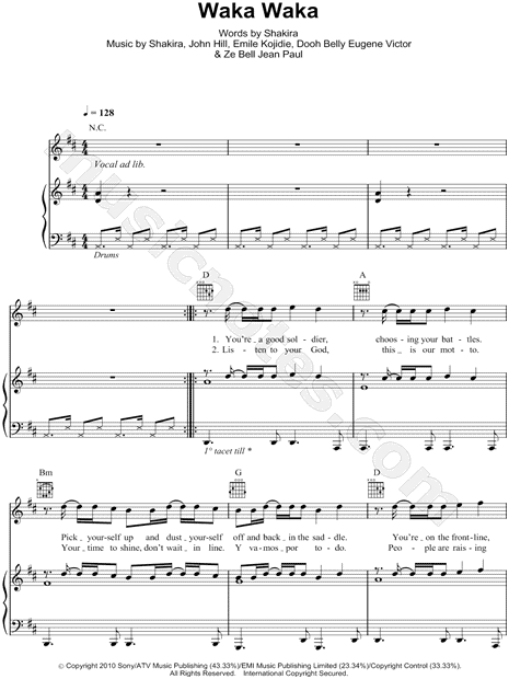 Shakira Feat Freshlyground Waka Waka This Time For Africa Sheet Music In D Major Transposable Download Print Sku Mn