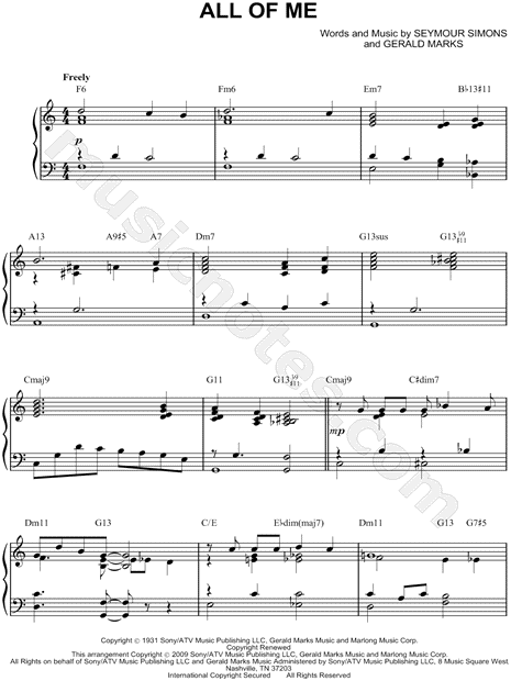 Seymour Simons All Of Me Sheet Music Piano Solo In C Major Transposable Download Print Sku Mn